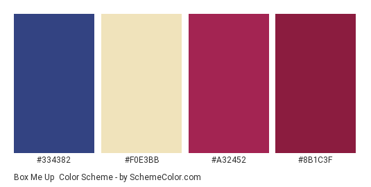 Box Me Up - Color scheme palette thumbnail - #334382 #f0e3bb #a32452 #8b1c3f 