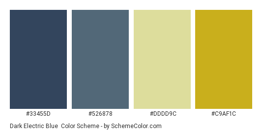 Dark Electric Blue - Color scheme palette thumbnail - #33455d #526878 #dddd9c #c9af1c 