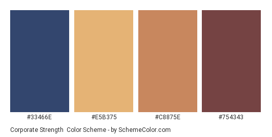 Corporate Strength - Color scheme palette thumbnail - #33466E #E5B375 #C8875E #754343 