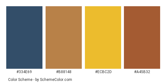Storm in the Desert - Color scheme palette thumbnail - #334e69 #b88148 #ecbc2d #a45b32 