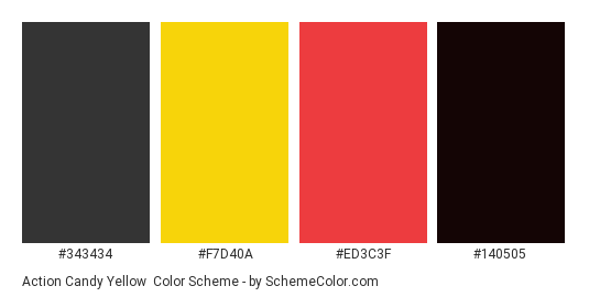Action Candy Yellow - Color scheme palette thumbnail - #343434 #F7D40A #ED3C3F #140505 