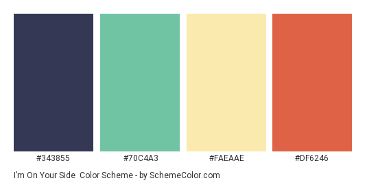 I’m On Your Side - Color scheme palette thumbnail - #343855 #70C4A3 #FAEAAE #DF6246 