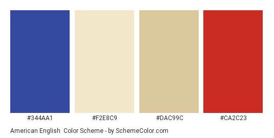 American English - Color scheme palette thumbnail - #344AA1 #F2E8C9 #DAC99C #CA2C23 