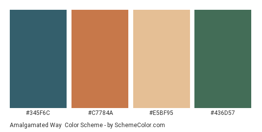 Amalgamated Way - Color scheme palette thumbnail - #345f6c #c7784a #e5bf95 #436d57 