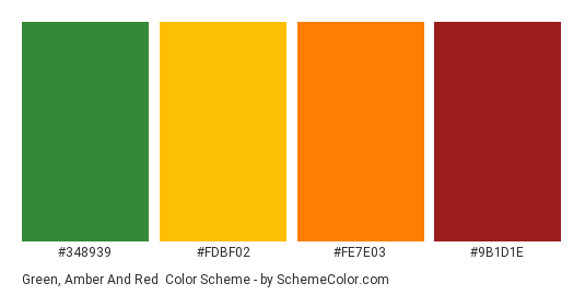 Green, Amber and Red - Color scheme palette thumbnail - #348939 #fdbf02 #fe7e03 #9b1d1e 
