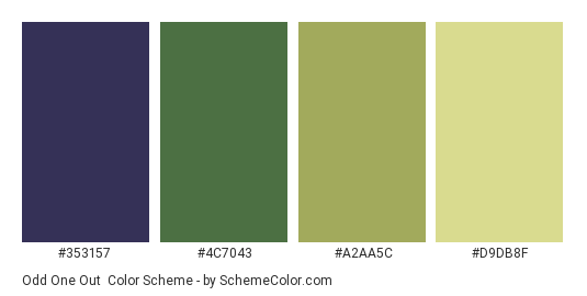 Odd One Out - Color scheme palette thumbnail - #353157 #4C7043 #A2AA5C #D9DB8F 