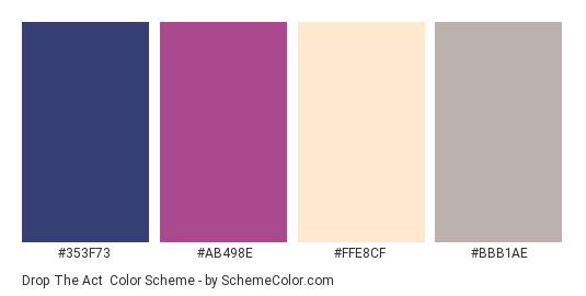 Drop the Act - Color scheme palette thumbnail - #353F73 #AB498E #FFE8CF #BBB1AE 