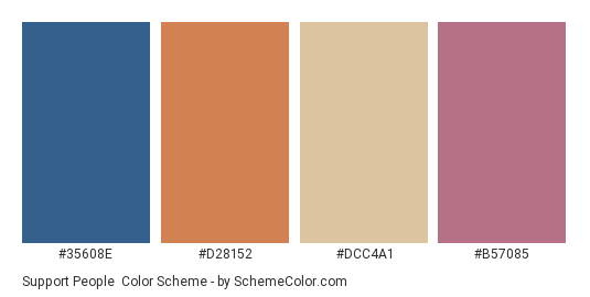 Support People - Color scheme palette thumbnail - #35608E #D28152 #DCC4A1 #B57085 