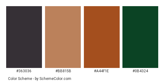 Pine Tree - Color scheme palette thumbnail - #363036 #BB815B #A44F1E #0B4324 