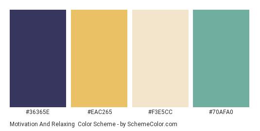 Motivation and Relaxing - Color scheme palette thumbnail - #36365E #EAC265 #F3E5CC #70AFA0 