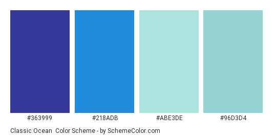 Classic Ocean - Color scheme palette thumbnail - #363999 #218ADB #ABE3DE #96D3D4 