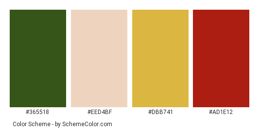 Inside the Christmas tree - Color scheme palette thumbnail - #365518 #eed4bf #dbb741 #ad1e12 