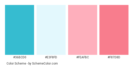 Moving Fast - Color scheme palette thumbnail - #36bcd0 #e3f8fd #feafbc #f87d8d 