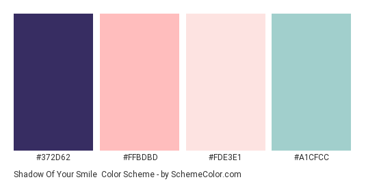 Shadow of Your Smile - Color scheme palette thumbnail - #372D62 #FFBDBD #FDE3E1 #A1CFCC 