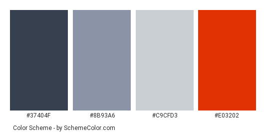 Beautiful Gray and Red House - Color scheme palette thumbnail - #37404f #8b93a6 #c9cfd3 #e03202 