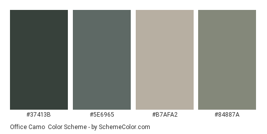 Office Camo - Color scheme palette thumbnail - #37413B #5E6965 #B7AFA2 #84887A 