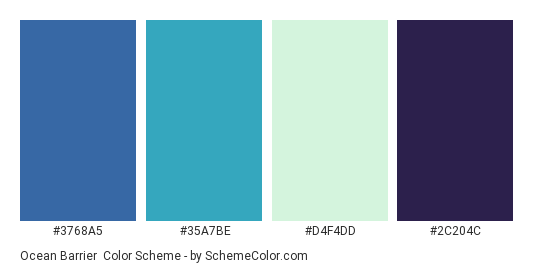 Ocean Barrier - Color scheme palette thumbnail - #3768A5 #35A7BE #D4F4DD #2C204C 