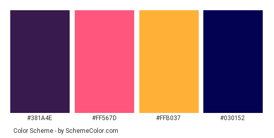 Turkey Sunset - Color scheme palette thumbnail - #381a4e #ff567d #ffb037 #030152 
