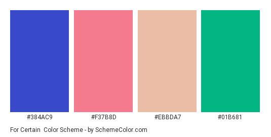 For Certain - Color scheme palette thumbnail - #384ac9 #f37b8d #ebbda7 #01b681 