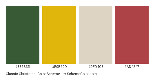 Classic Christmas - Color scheme palette thumbnail - #385B35 #E0B60D #DED4C3 #AD4247 