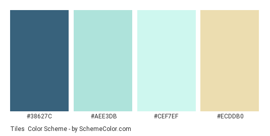 Tiles - Color scheme palette thumbnail - #38627C #AEE3DB #CEF7EF #ECDDB0 