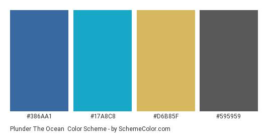 Plunder the Ocean - Color scheme palette thumbnail - #386aa1 #17a8c8 #d6b85f #595959 