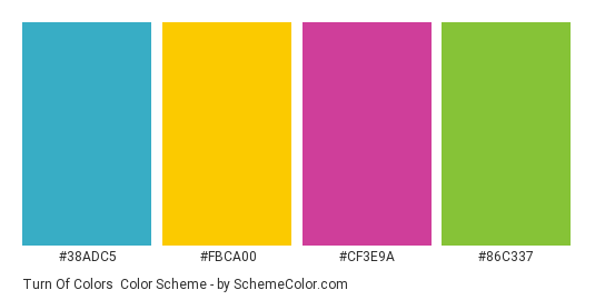 Turn of Colors - Color scheme palette thumbnail - #38ADC5 #FBCA00 #CF3E9A #86C337 
