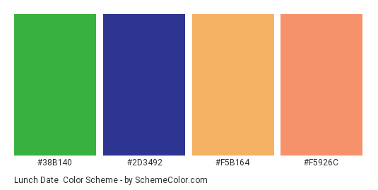 Lunch Date - Color scheme palette thumbnail - #38B140 #2D3492 #F5B164 #F5926C 