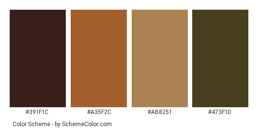 Oak & Fern Leaves - Color scheme palette thumbnail - #391f1c #a35f2c #ab8251 #473f1d 