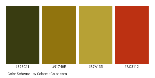 Wine and Olives - Color scheme palette thumbnail - #393c11 #91740e #b7a135 #bc3112 