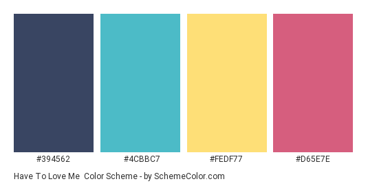 Have to Love Me - Color scheme palette thumbnail - #394562 #4CBBC7 #FEDF77 #D65E7E 