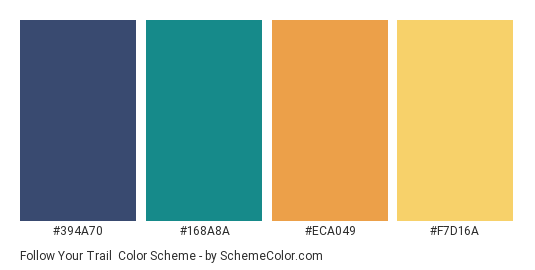 Follow your Trail - Color scheme palette thumbnail - #394A70 #168A8A #ECA049 #F7D16A 