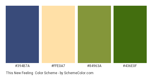 This New Feeling - Color scheme palette thumbnail - #394b7a #ffe0a7 #84963a #436e0f 