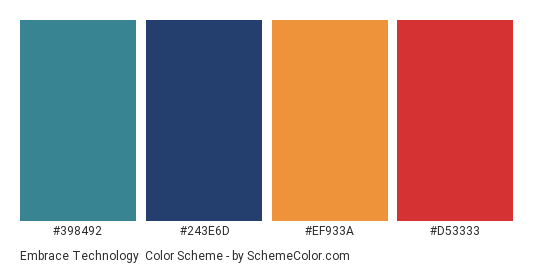 Embrace Technology - Color scheme palette thumbnail - #398492 #243E6D #EF933A #D53333 