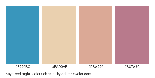 Say Good Night - Color scheme palette thumbnail - #3996BC #EAD0AF #DBA996 #B87A8C 