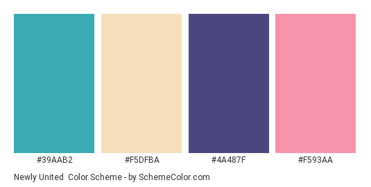 Newly United - Color scheme palette thumbnail - #39AAB2 #F5DFBA #4A487F #F593AA 