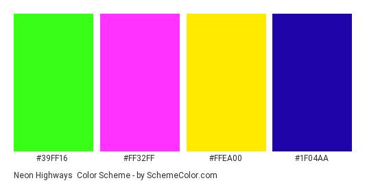 Neon Highways - Color scheme palette thumbnail - #39ff16 #ff32ff #ffea00 #1f04aa 