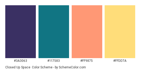 Closed Up Space - Color scheme palette thumbnail - #3A3063 #117583 #FF9875 #FFDD7A 
