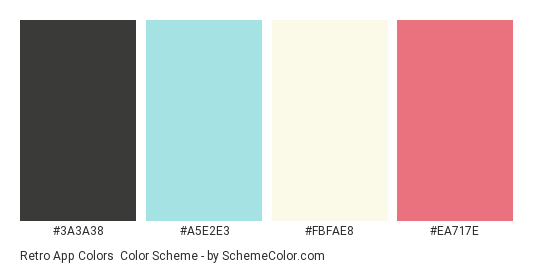 Retro App Colors - Color scheme palette thumbnail - #3A3A38 #A5E2E3 #FBFAE8 #EA717E 