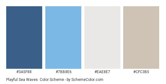 Playful Sea Waves - Color scheme palette thumbnail - #3A5F88 #7BB8E6 #EAE8E7 #CFC3B5 