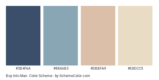 Boy into Man - Color scheme palette thumbnail - #3B4F6A #88A6B3 #DBBFA9 #E8DCC5 