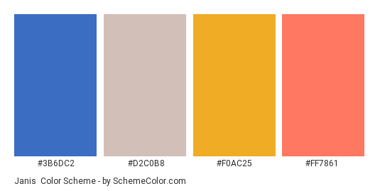 Janis - Color scheme palette thumbnail - #3B6DC2 #D2C0B8 #F0AC25 #FF7861 