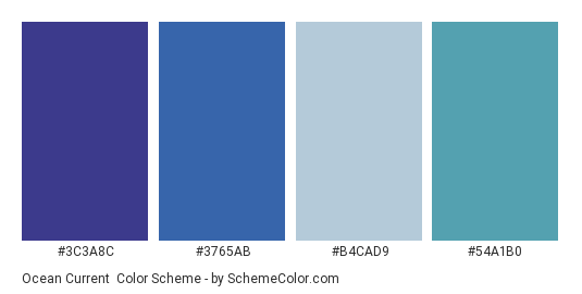 Ocean Current - Color scheme palette thumbnail - #3C3A8C #3765AB #B4CAD9 #54A1B0 