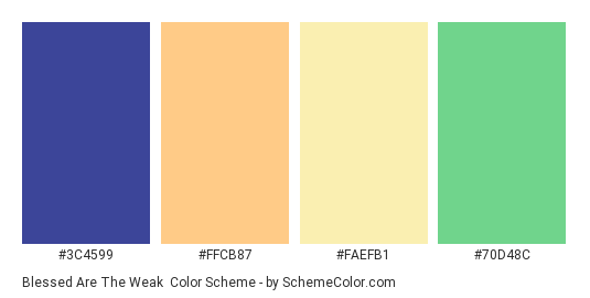 Blessed are the Weak - Color scheme palette thumbnail - #3C4599 #FFCB87 #FAEFB1 #70D48C 
