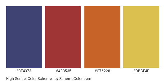 High Sense - Color scheme palette thumbnail - #3F4373 #A03535 #C76228 #DBBF4F 