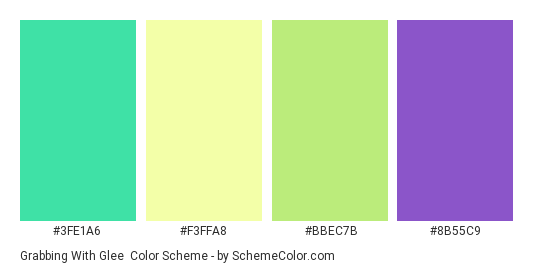 Grabbing with Glee - Color scheme palette thumbnail - #3FE1A6 #F3FFA8 #BBEC7B #8B55C9 