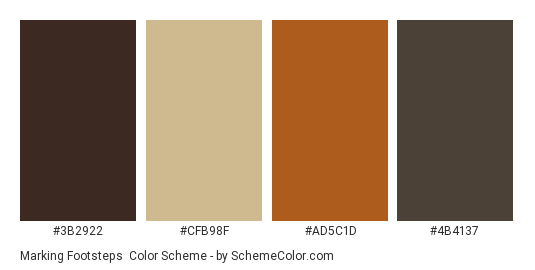 Marking Footsteps - Color scheme palette thumbnail - #3b2922 #cfb98f #ad5c1d #4b4137 
