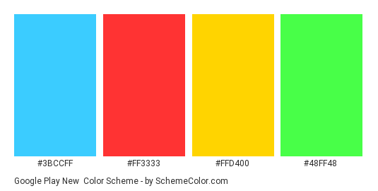 Google Play New - Color scheme palette thumbnail - #3bccff #ff3333 #ffd400 #48ff48 