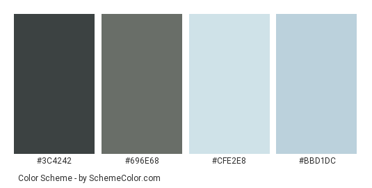 Icy Road - Color scheme palette thumbnail - #3c4242 #696e68 #cfe2e8 #bbd1dc 