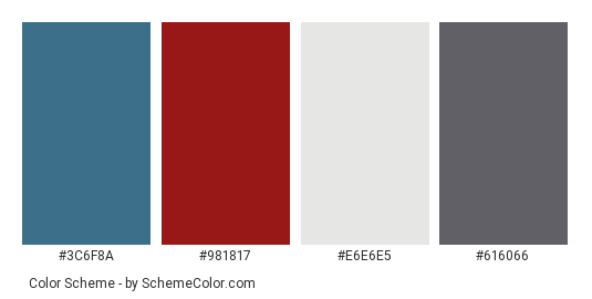 Indiana Blue house - Color scheme palette thumbnail - #3c6f8a #981817 #e6e6e5 #616066 